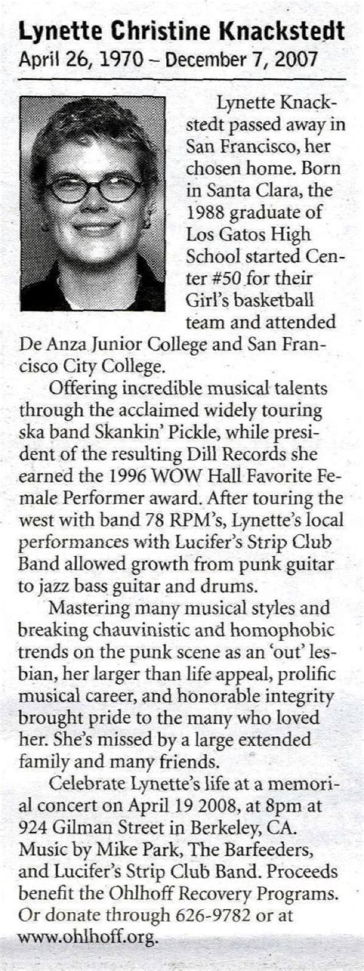 Memorial Concert For Skankinâ€™ Pickleâ€™s Lynette Knackstedt